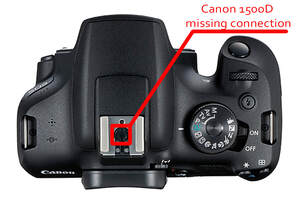 The Canon 1500D is one several Canon DSLR models that cannot connect to a studio flash system because it lacks the crucial central connection pin on its hot shoe. Canon 200D MKII